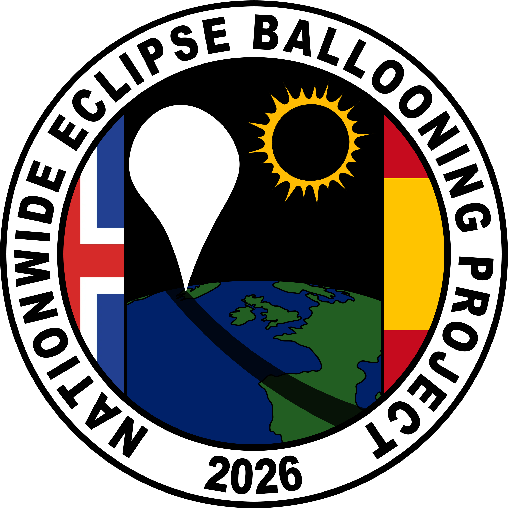 Logo patch with black words Nationwide Eclipse Ballooning Project on a white ring on the outside; cartoon image of the globe in the center showing a peak of Iceland and Spain with the total solar eclipse path; part of the Icelandic and Spanish flags on the edges; a white balloon over the globe.
