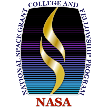 Vertical gold flame with two parts on a background of horizontal blue and purple gradient lines, getting wider and more blue toward the bottom; NASA in red bold letters underneath; around the logo are the words NATIONAL SPACE GRANT COLLEGE AND FELLOWSHIP PROGRAM