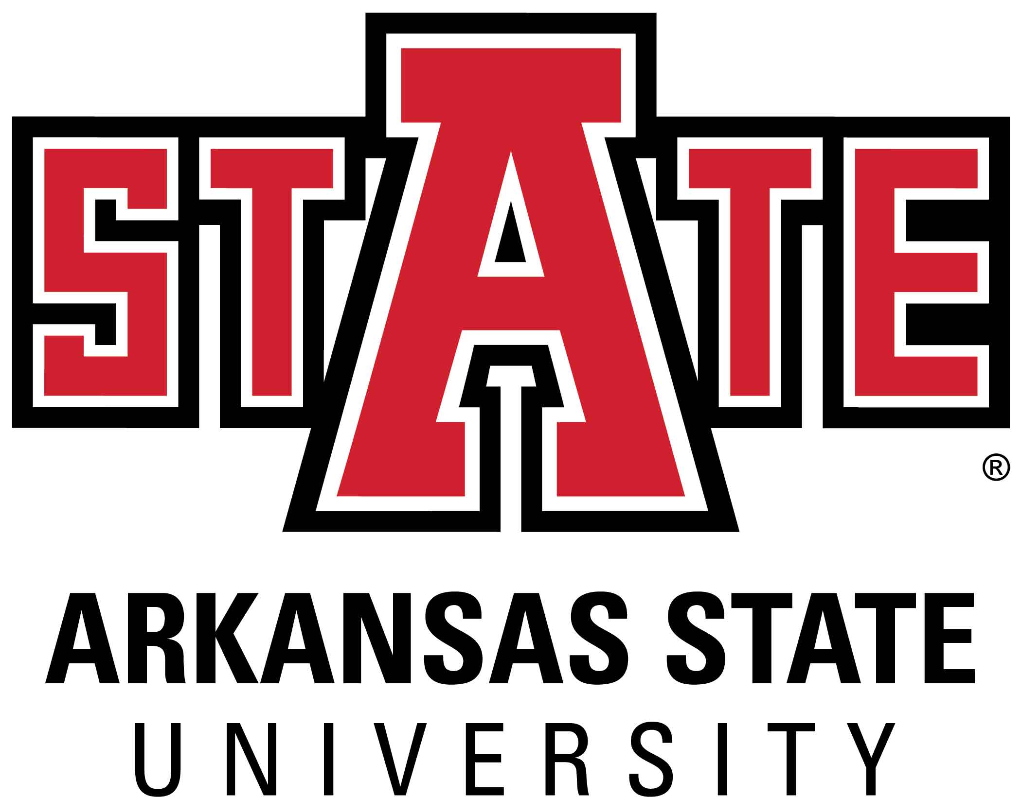 Arkansas State University logo, red and white text