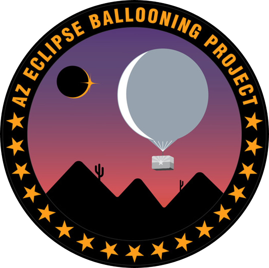 A circular logo showing an eclipse, inflated scientific balloon, and three mountain peaks below. AZ Eclipse Ballooning Project is in yellow along the perimeter 