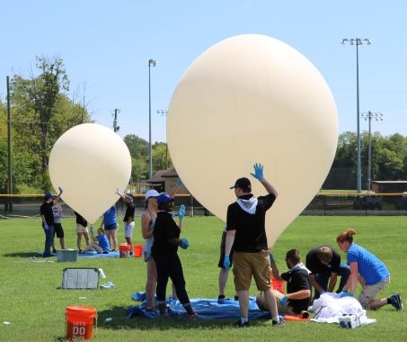 Several students preparing to launch two balloons for the 2017 eclipse.