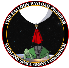 a circular logo showing a turtle wearing a harness, being lifted up by an inflated balloon and red parachute. Text along the perimeter reads, "UMD Balloon Payload Program Maryland space Grant consortium"