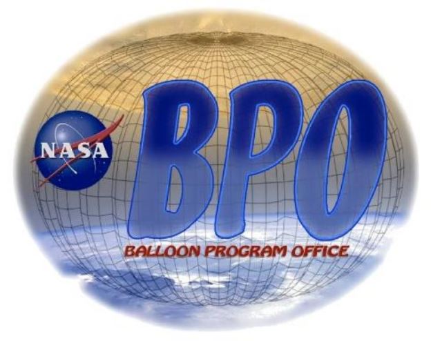 Oval transparent balloon (wider than is tall) on a background with the Earth at the bottom and the Sun or a planet at the top; NASA meatball logo in the foreground on the left and bold blue BPO on the right; under BPO is the text BALLOON PROGRAM OFFICE