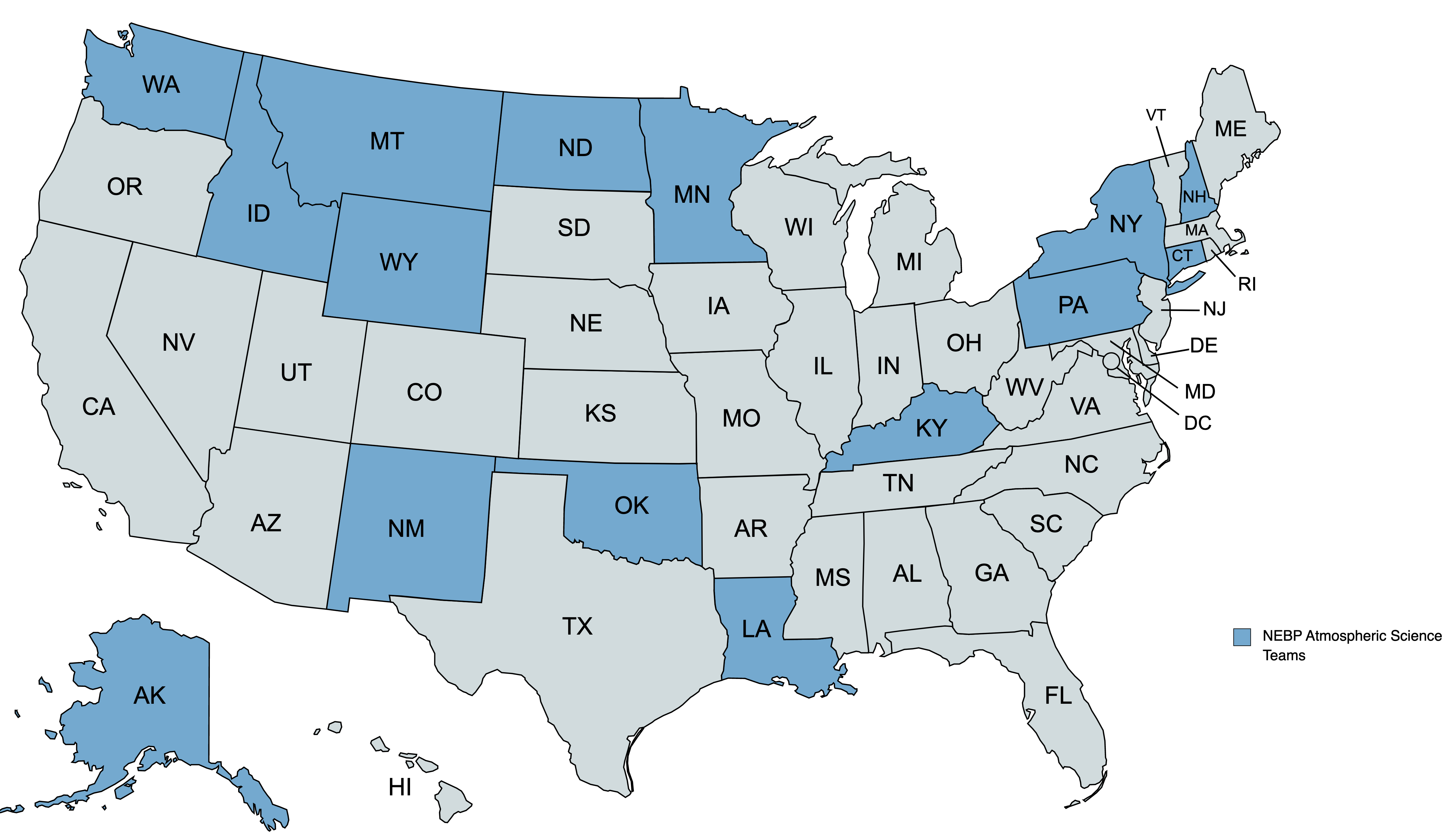 16 states are highlighted in blue, indicating which states have participating NEBP teams in the upcoming 2023 and 2024 eclipses.