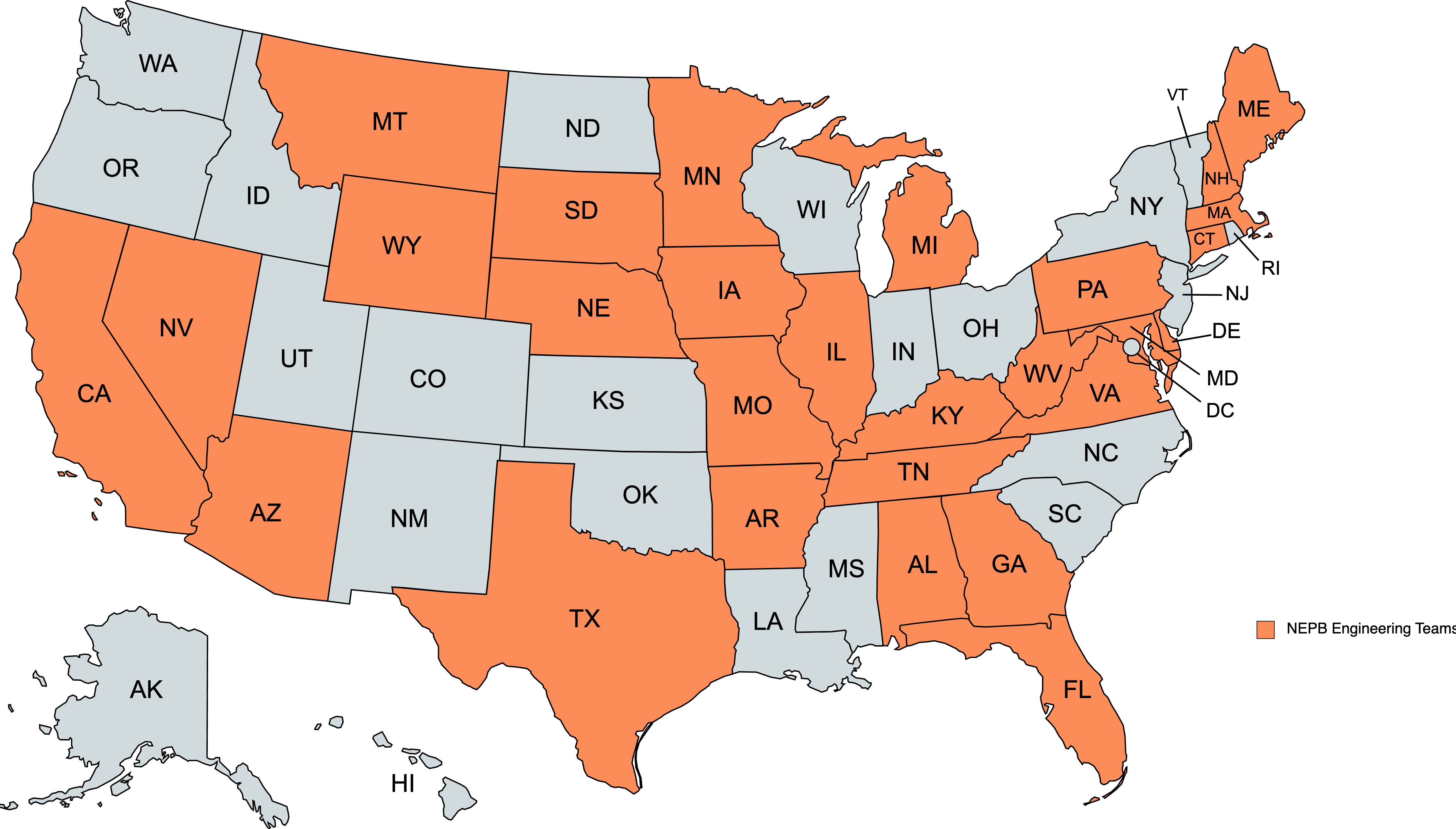 28 states are highlighted in orange, indicating which states have participating NEBP teams in the upcoming 2023 and 2024 eclipses.