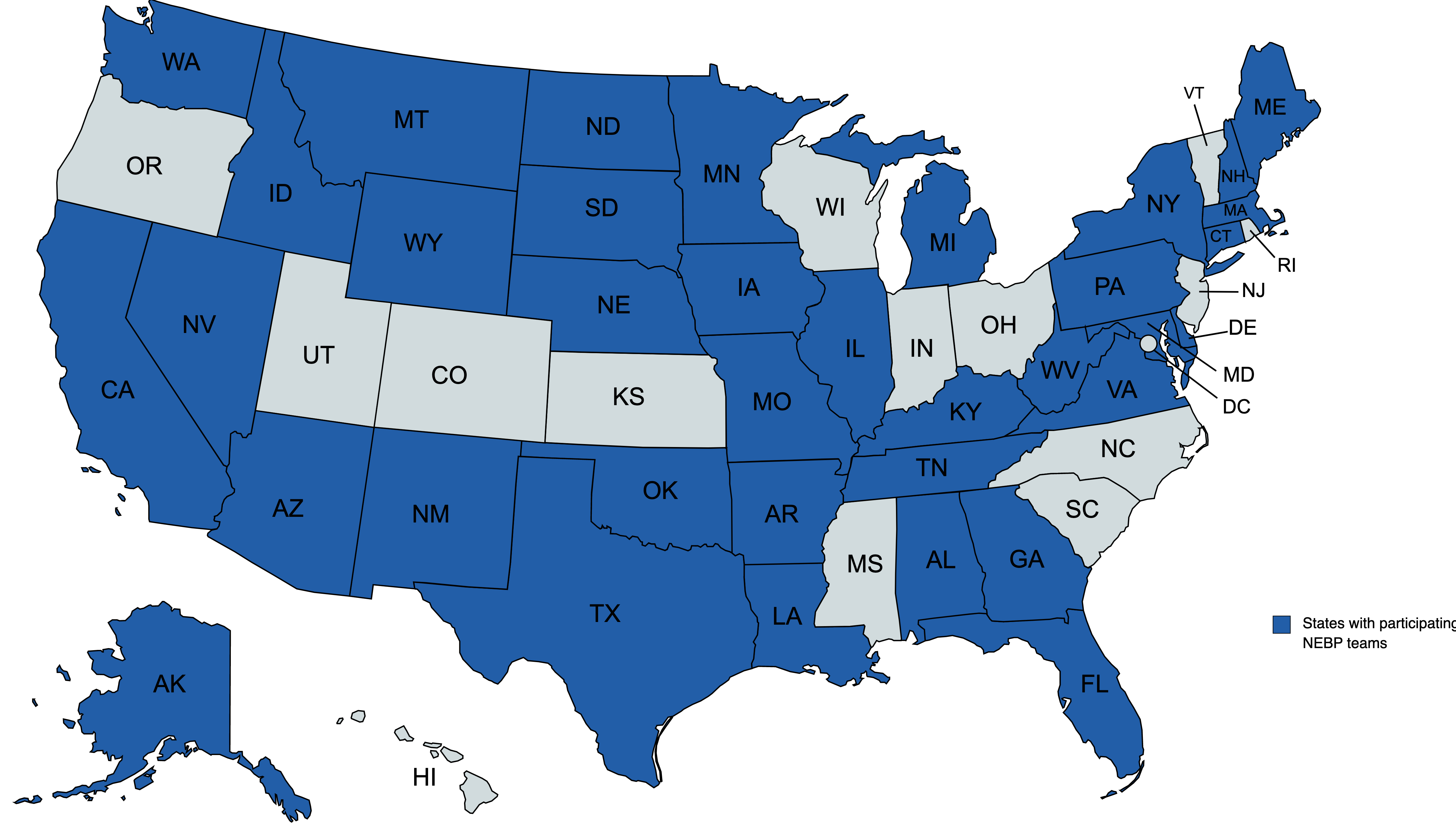 37 states are highlighted in blue, indicating which states have participating NEBP teams in the upcoming 2023 and 2024 eclipses.