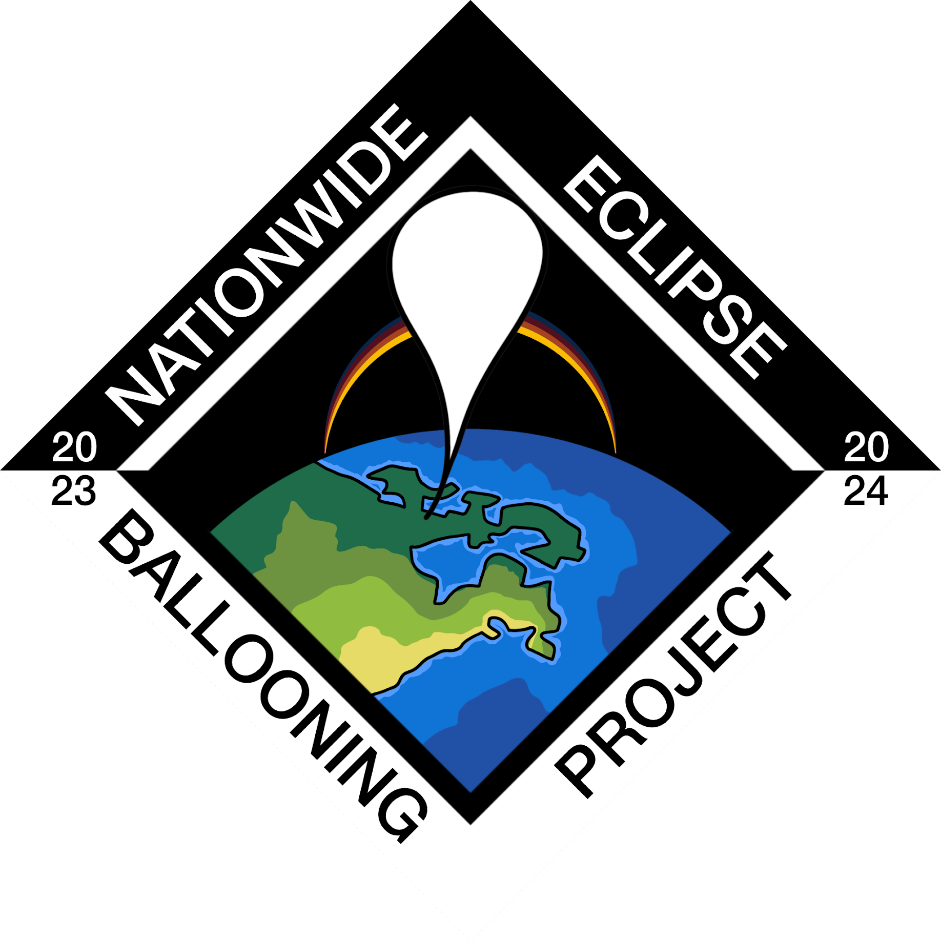 Diamond shape with a black border in the top and white in bottom; the words Nationwide Eclipse Ballooning Project are in the outside border; inside the diamond is a drawing of Earth with the North American continent, the eclipsed sun rising over it, and a white balloon in front of them all at the top.