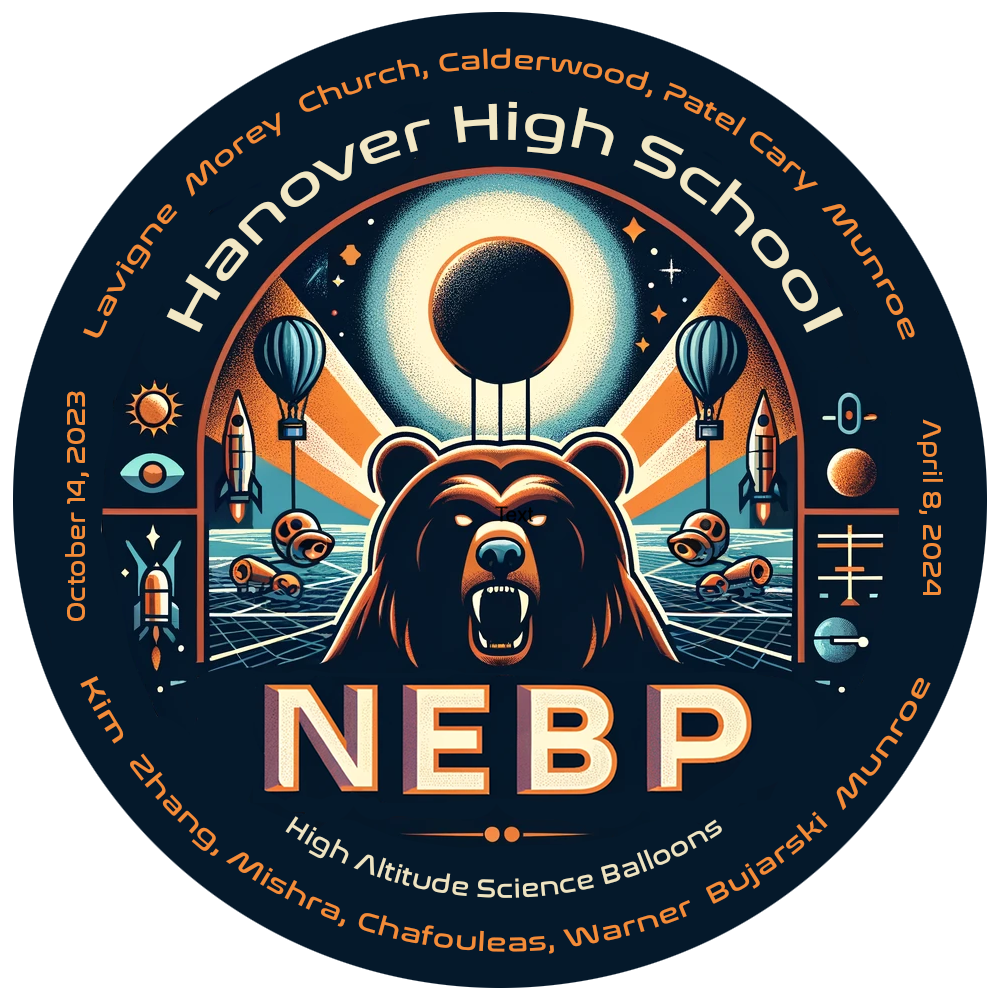 A circular logo features a solar eclipse, a bear, and text reading, "Hanover high school, NEBP, high altitude science balloons" along with rockets, balloons, and participant names.