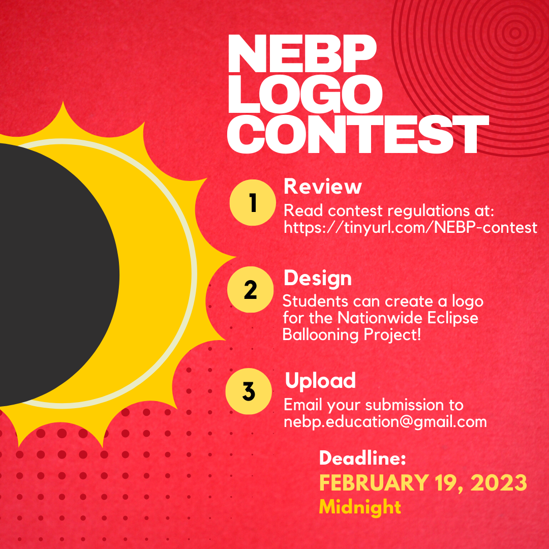 Graphic image of the sun with a partial eclipse on a red background. Three contest steps: 1. Review regulations (on link on webpage). 2. Design a logo. 3. Email your submission to nebp.education@gmail.com