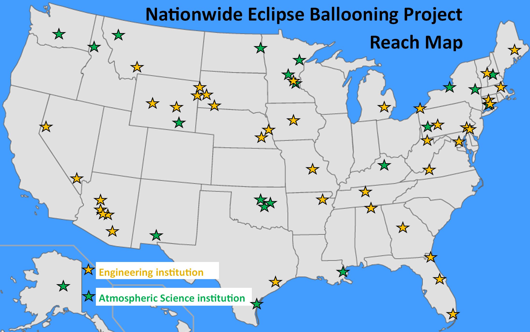 US map with state outlines, yellow stars for each Engineering institution, and green stars for each Atmospheric Science institution
