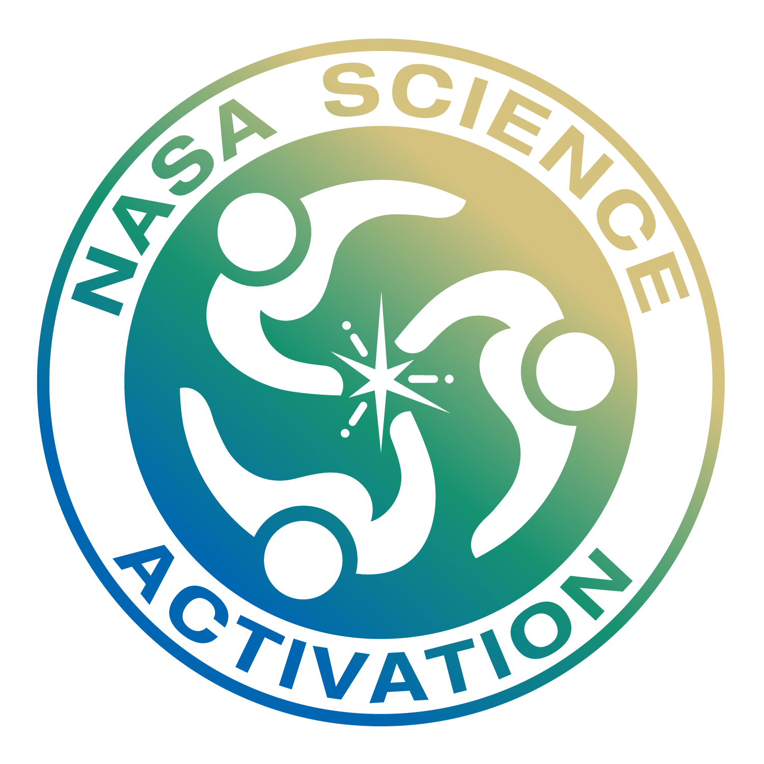 blue, green, and yellow circle with smaller circle inside; between circles is text "NASA Science Activation"; inside the smaller circle are three human cartoon figures working together