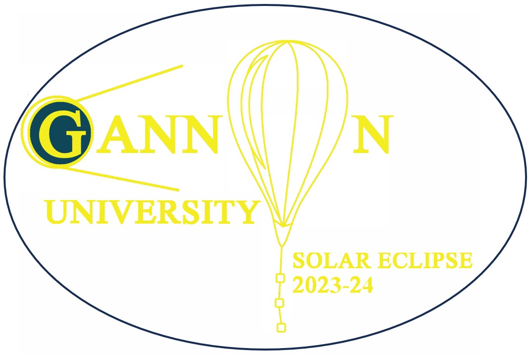 Text reads, "Gannon University solar eclipse 2023-24", and features an inflated balloon carrying three payload boxes in the center