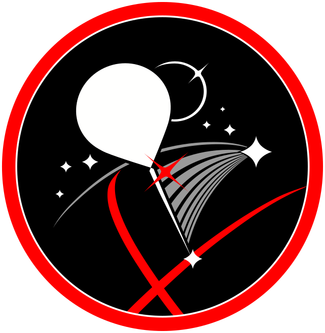 a circular logo with a red perimeter and black background. Two red eclipse paths in the shape of the 2023 annular and 2024 total eclipse paths show where a balloon is launching from georgia; stars and a total eclipse are in the background 