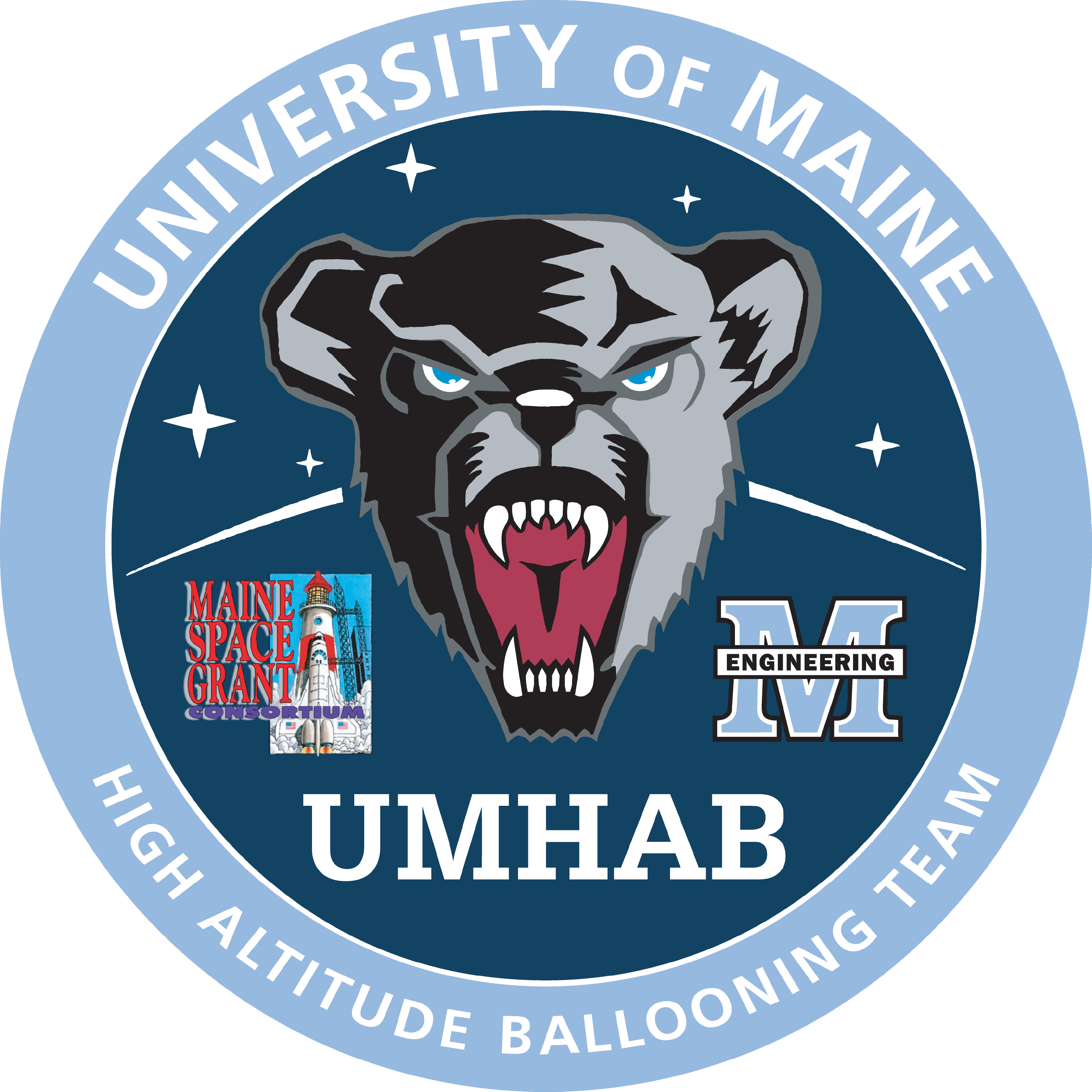 a circular blue logo featuring a bear, Main Space Grant consortium, engineering, and UMHAB text in the center. Perimeter text reads, "University of Maine High altitude ballooning team"