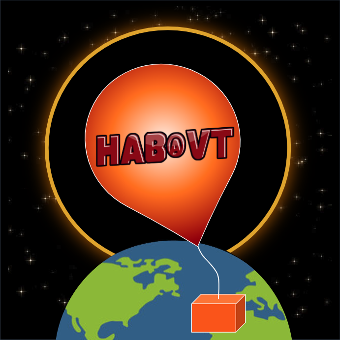looking at the Earth from space, a high altitude balloon has "HAB@VT" text while carrying a payload. It rises in the foreground as a total eclipse occurs in the background 