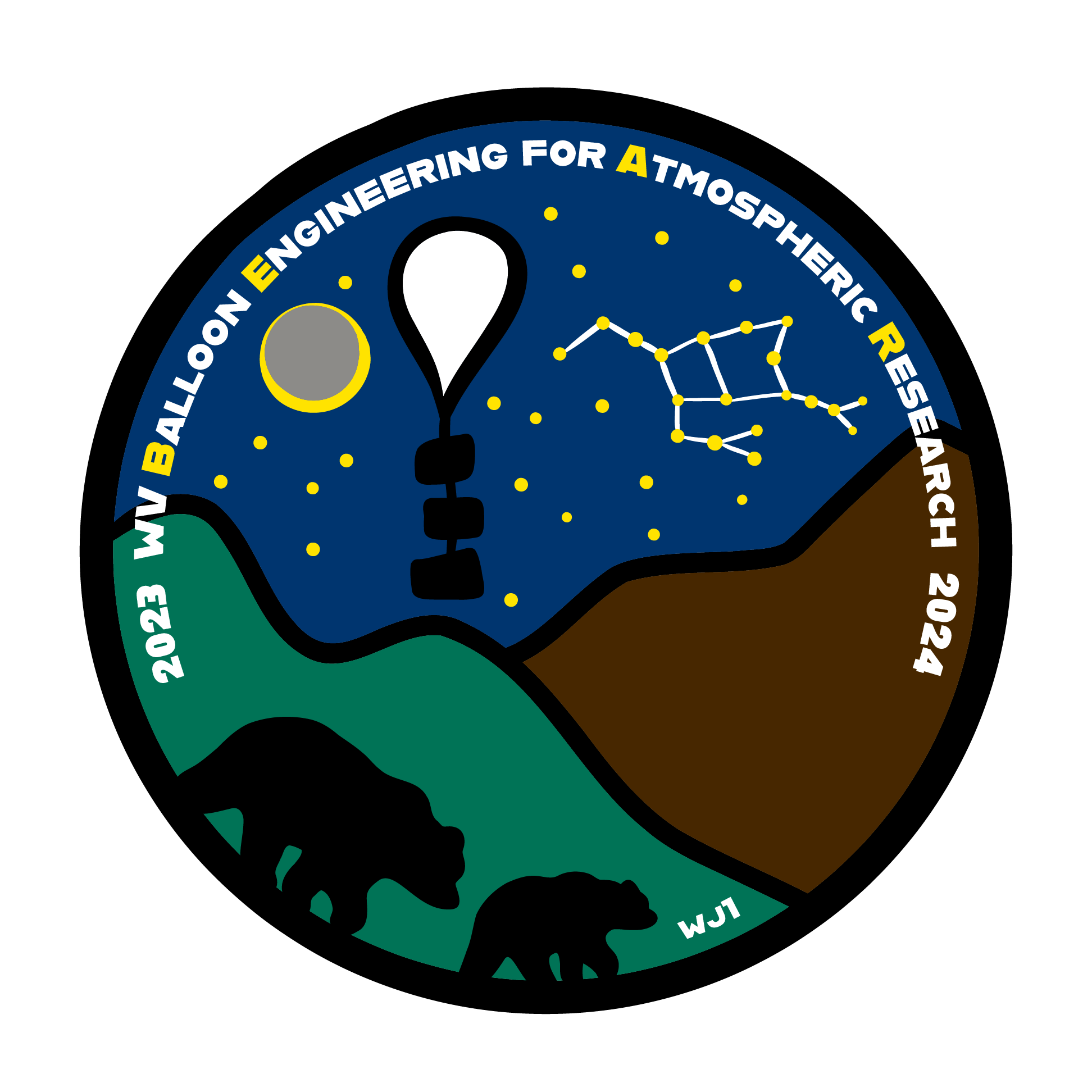 A circular logo shows two bears walking in the foreground, mountains in the middle ground, and a rising high altitude balloon, stars, and an eclipse in the background. Text reads, "2023 WV balloon engineering for atmospheric research 2024" along the perimeter