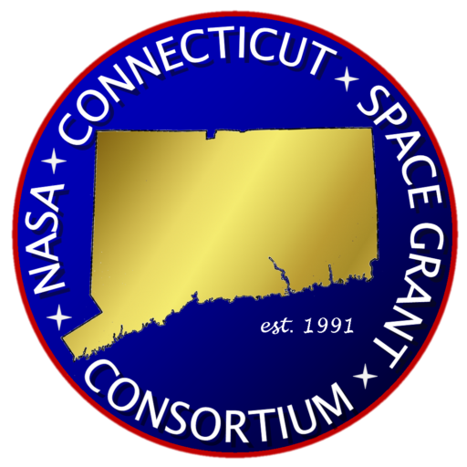 a circular logo features the state of Connecticut in gold, on a blue background. White text along the perimeter says, "NASA connecticut space grant consortium est. 1991"