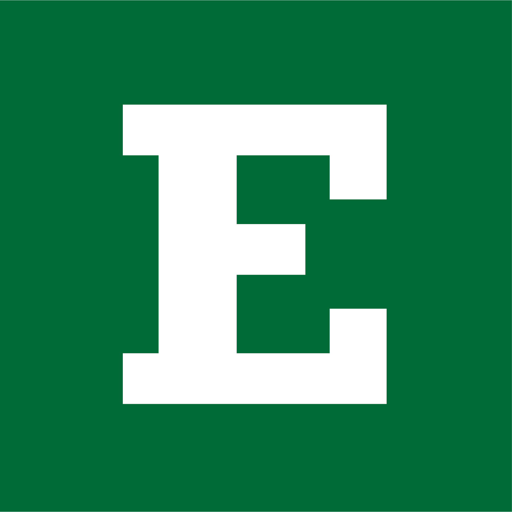 A square filled with green and a white letter E