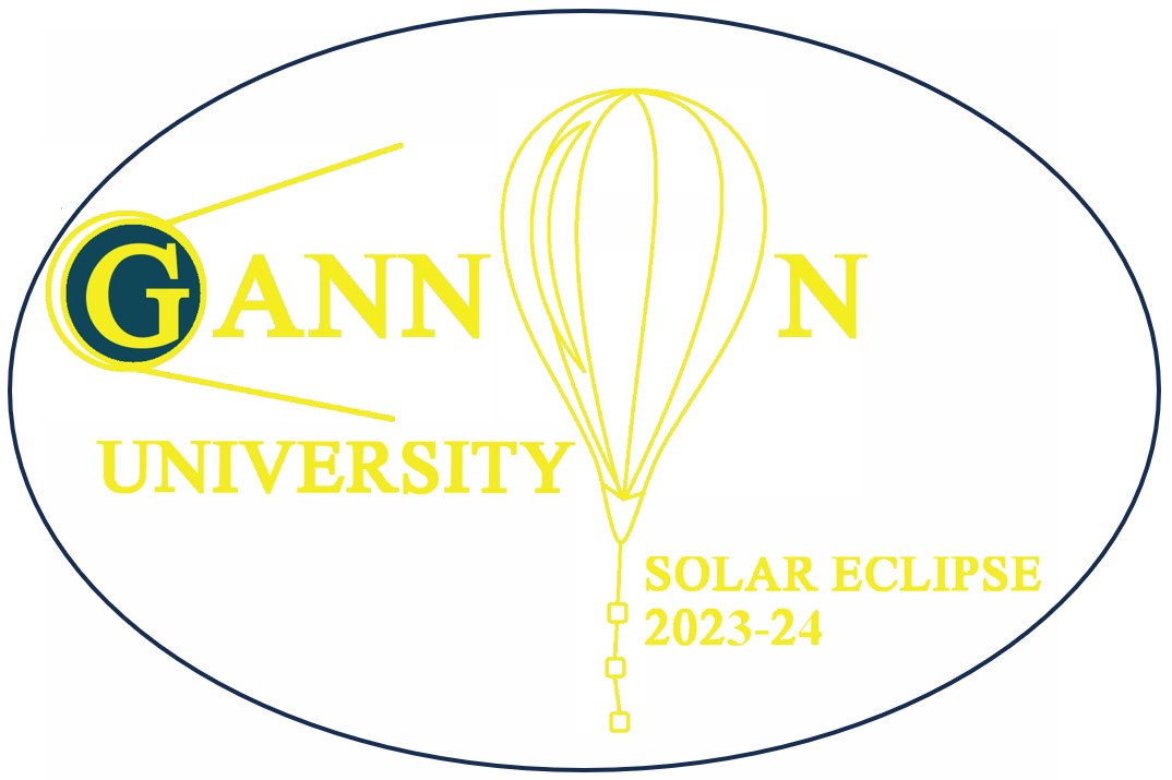 Text reads, "Gannon University solar eclipse 2023-24", and features an inflated balloon carrying three payload boxes in the center