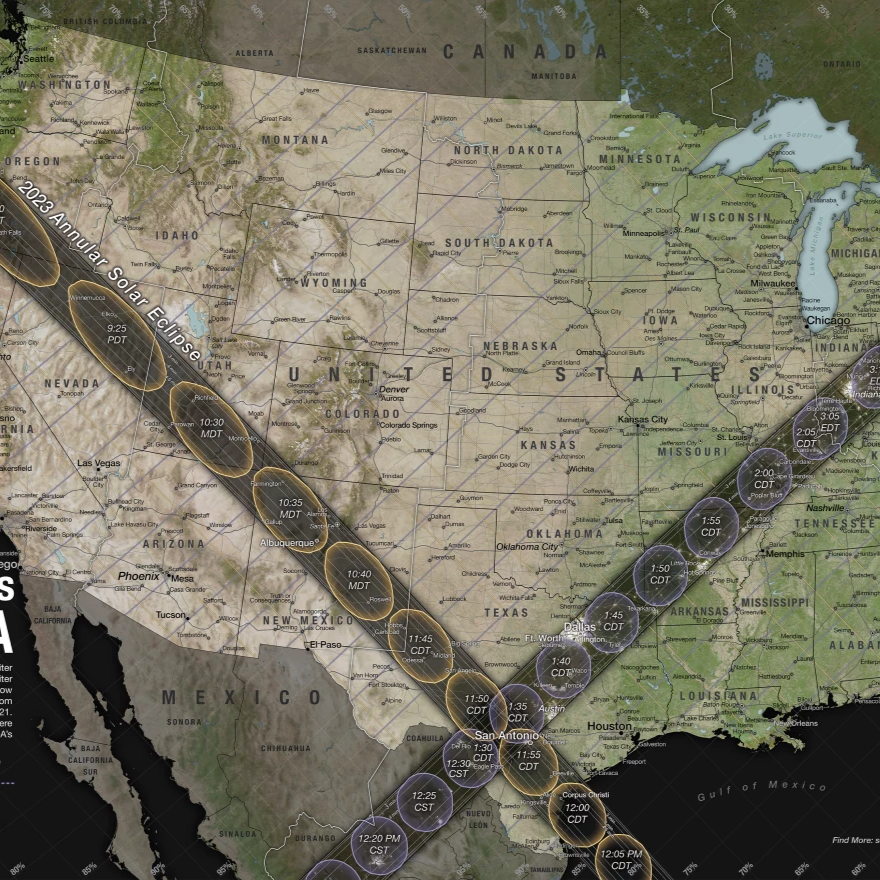 A map of the United States with paths of the eclipses on it