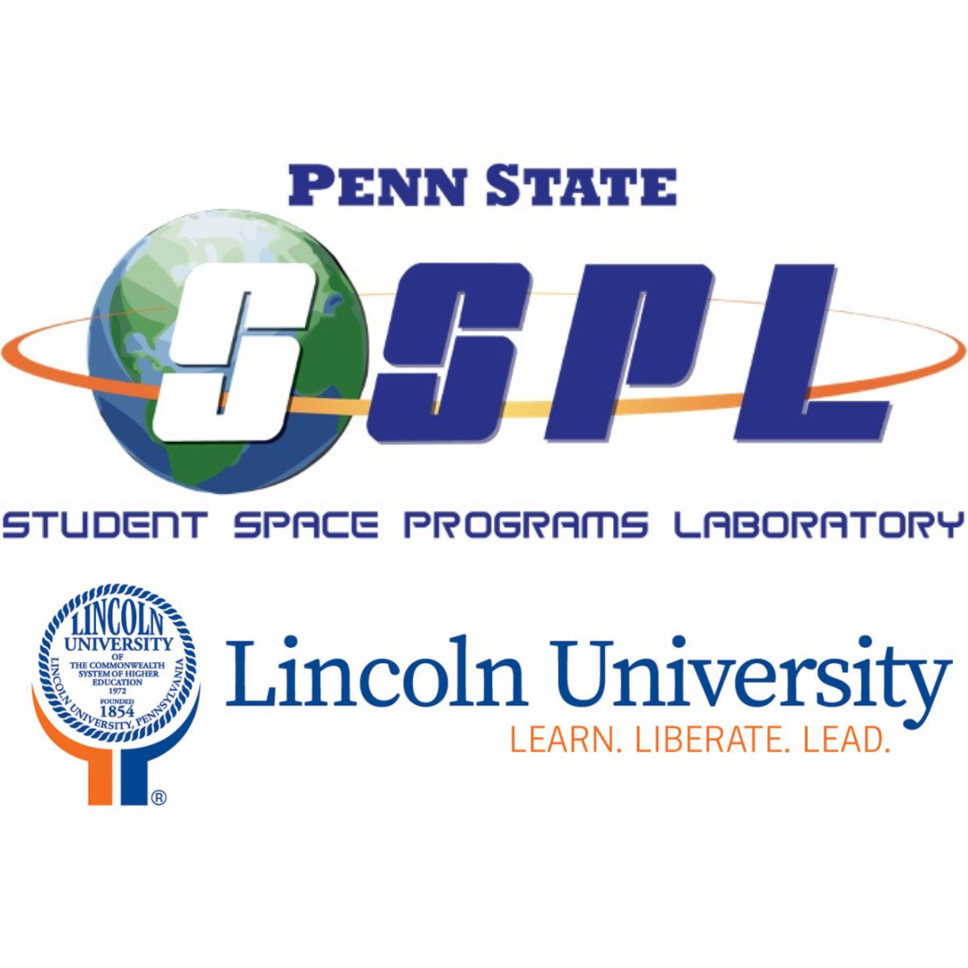 Two logos with text: (on top) Penn State University Student space programs laboratory; (on bottom) Lincoln University Learn. liberate. lead.