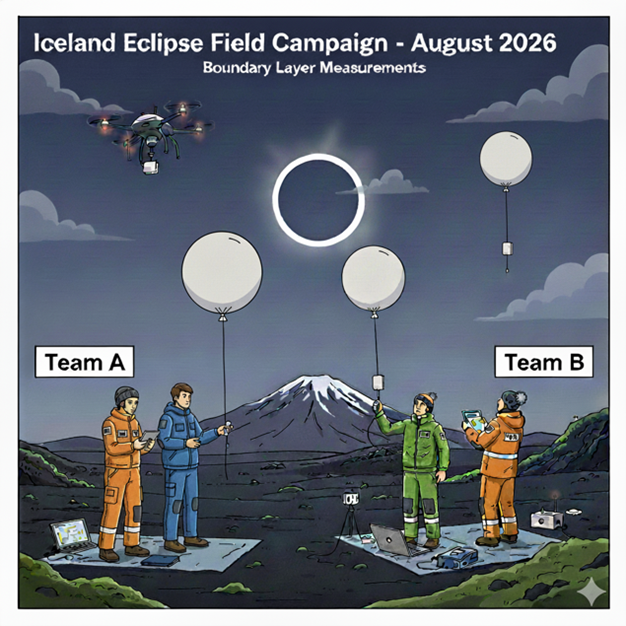 A cartoon of four figures flying balloons and drone during a total solar eclipse