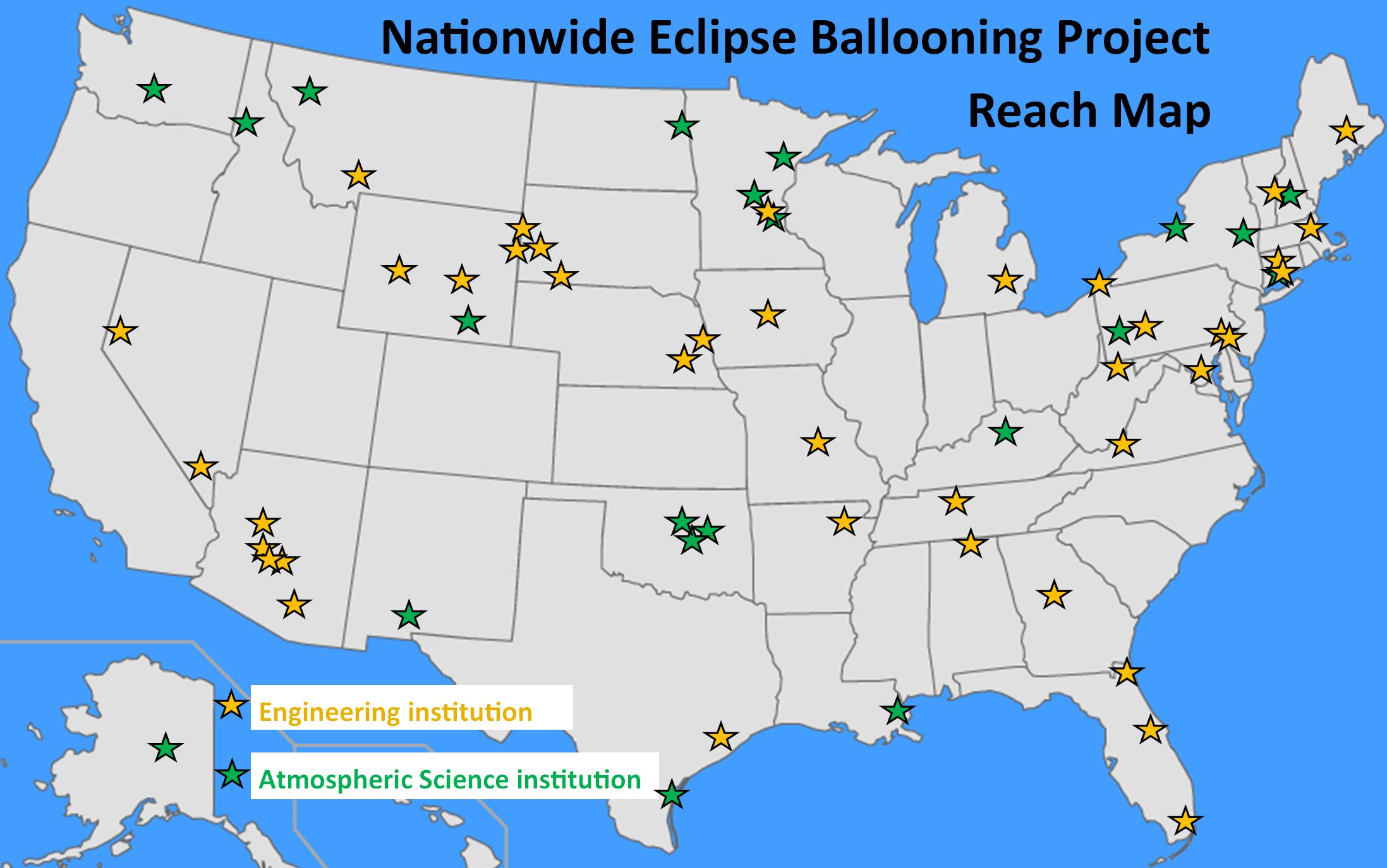 US map with yellow and green stars marking locations of the institutions across the country